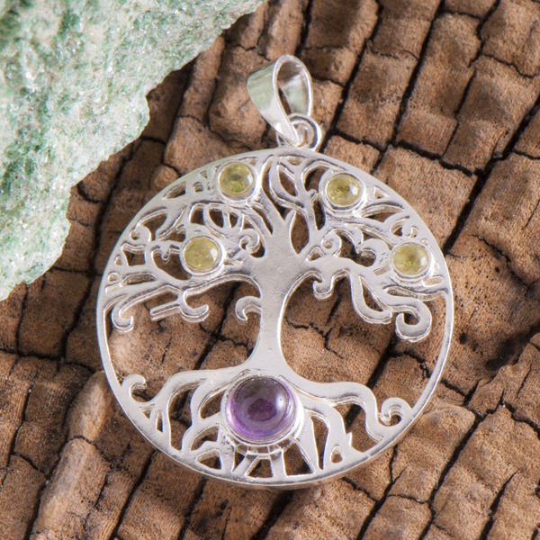 Lebensbaum Anhänger mit Amethyst und Peridot